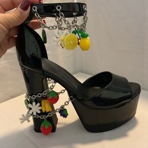 Black Platform Sandals with Fruit Charms Size10 -  6inches tall